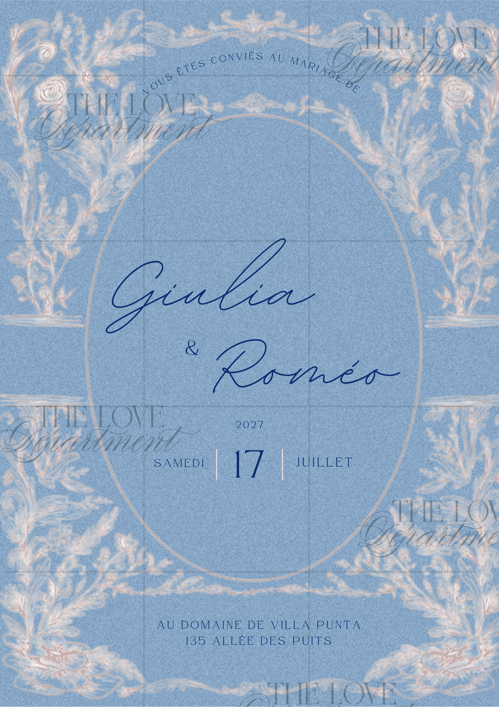 Carton principal faire-part mariage bleu élégant – modèle personnalisable