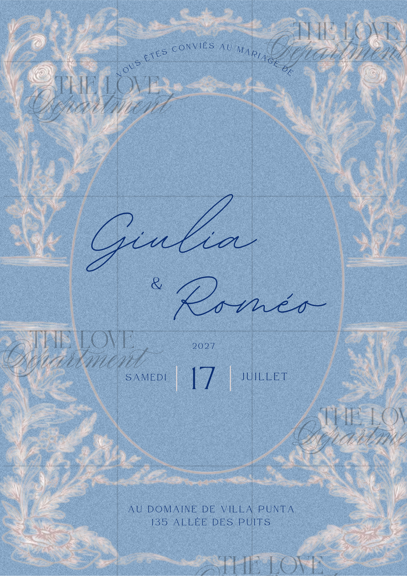 Carton principal faire-part mariage bleu élégant – modèle personnalisable