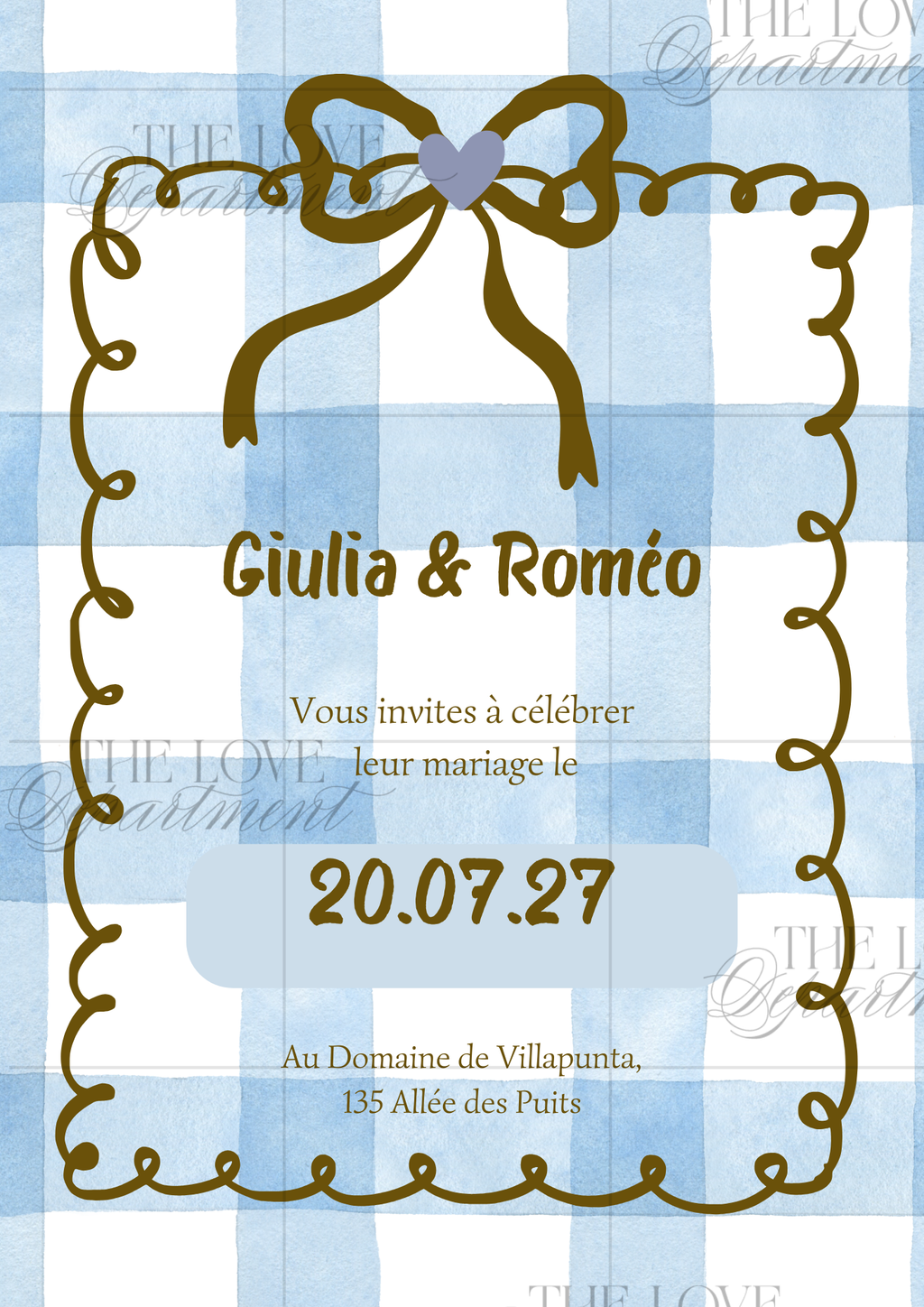 Carton principal faire-part mariage carreaux vichy – modèle Canva personnalisable