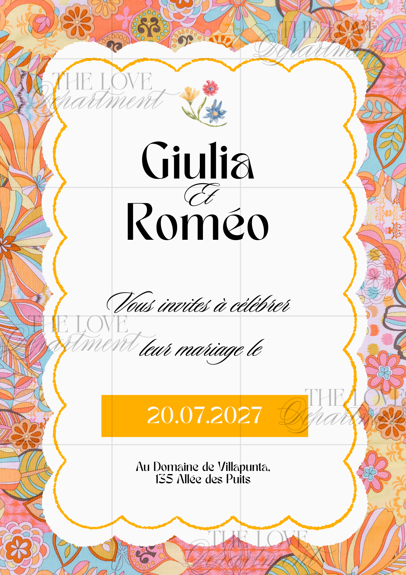 Carton principal faire-part mariage pop fleuri – modèle Canva personnalisable