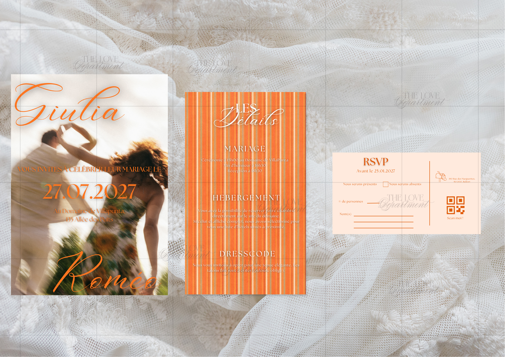 Faire-part mariage Orange Stripes – kit complet papeterie digitale rayures orange