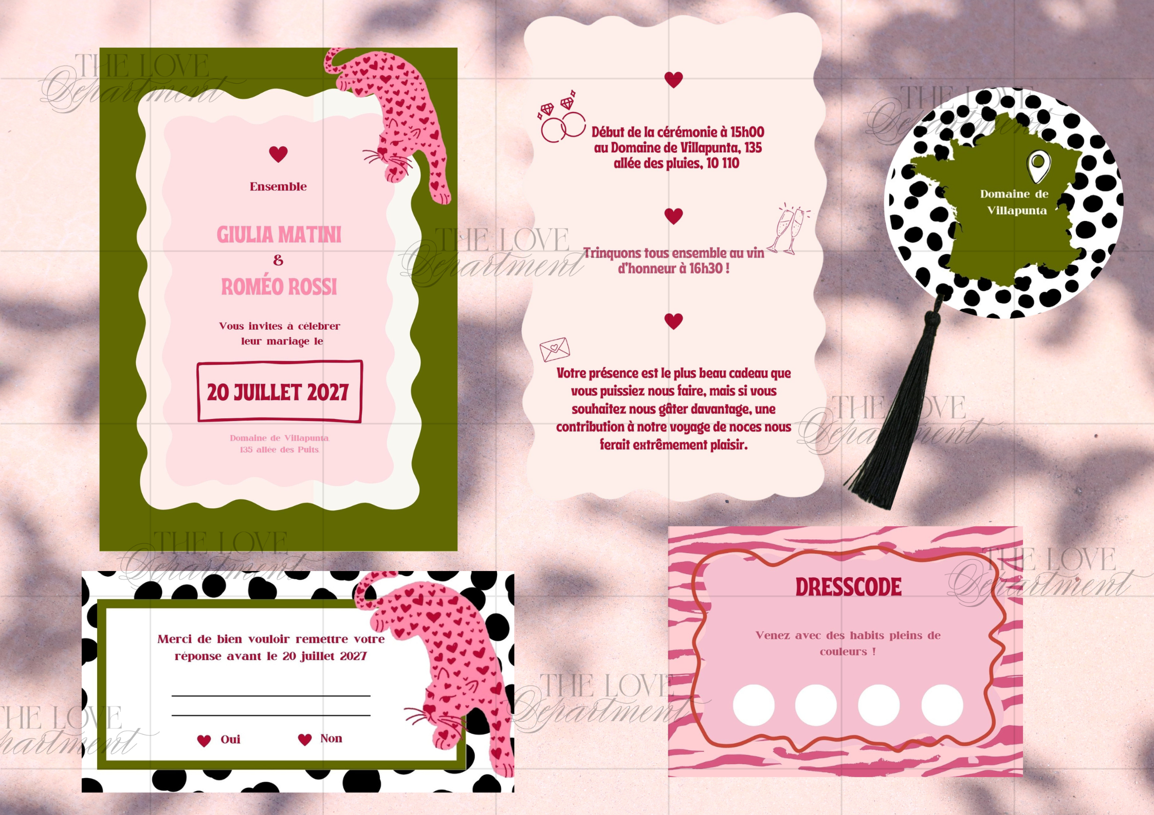 Kit complet faire-part mariage Wild & Pink – carton + 4 cartes annexes