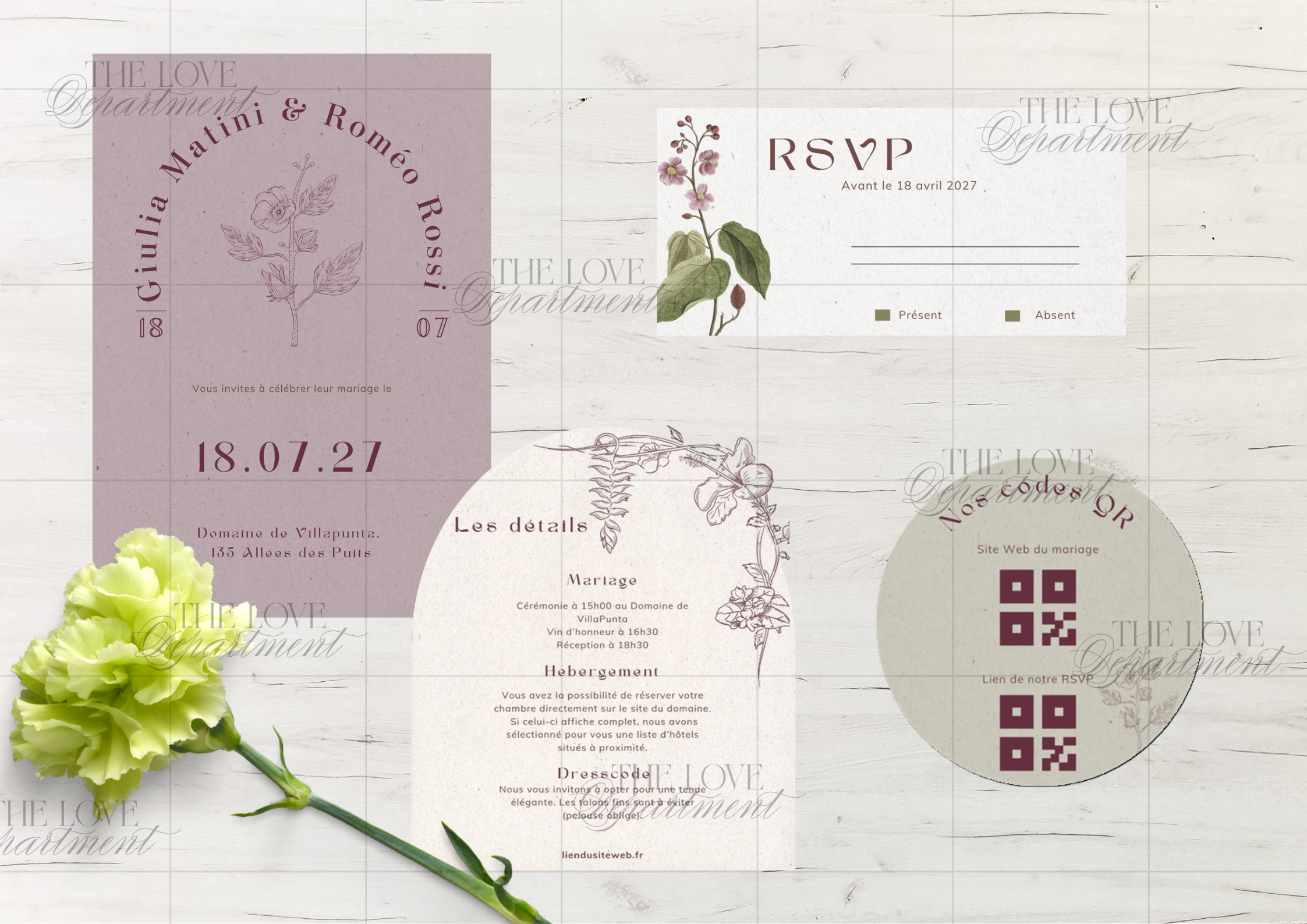Kit complet faire-part mariage fleurs du temps – carton + 3 cartes annexes