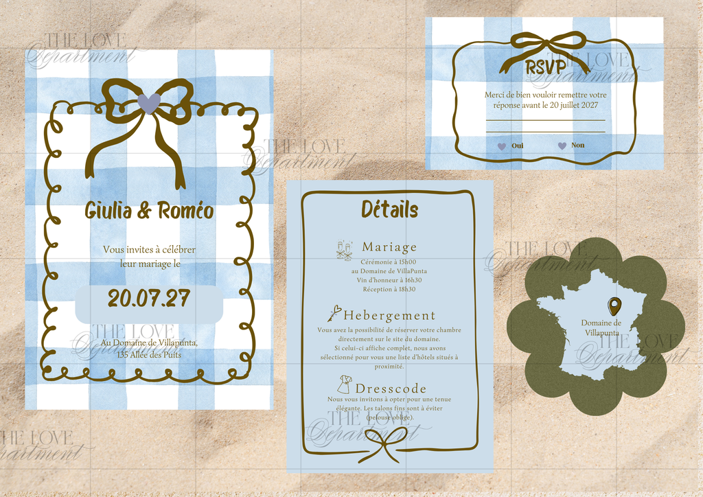 Kit complet faire-part mariage vichy carreaux – carton + 3 cartes annexes