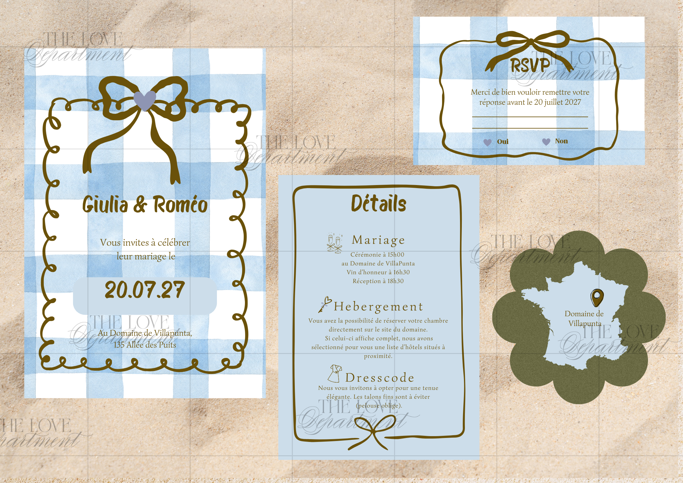 Kit complet faire-part mariage vichy carreaux – carton + 3 cartes annexes
