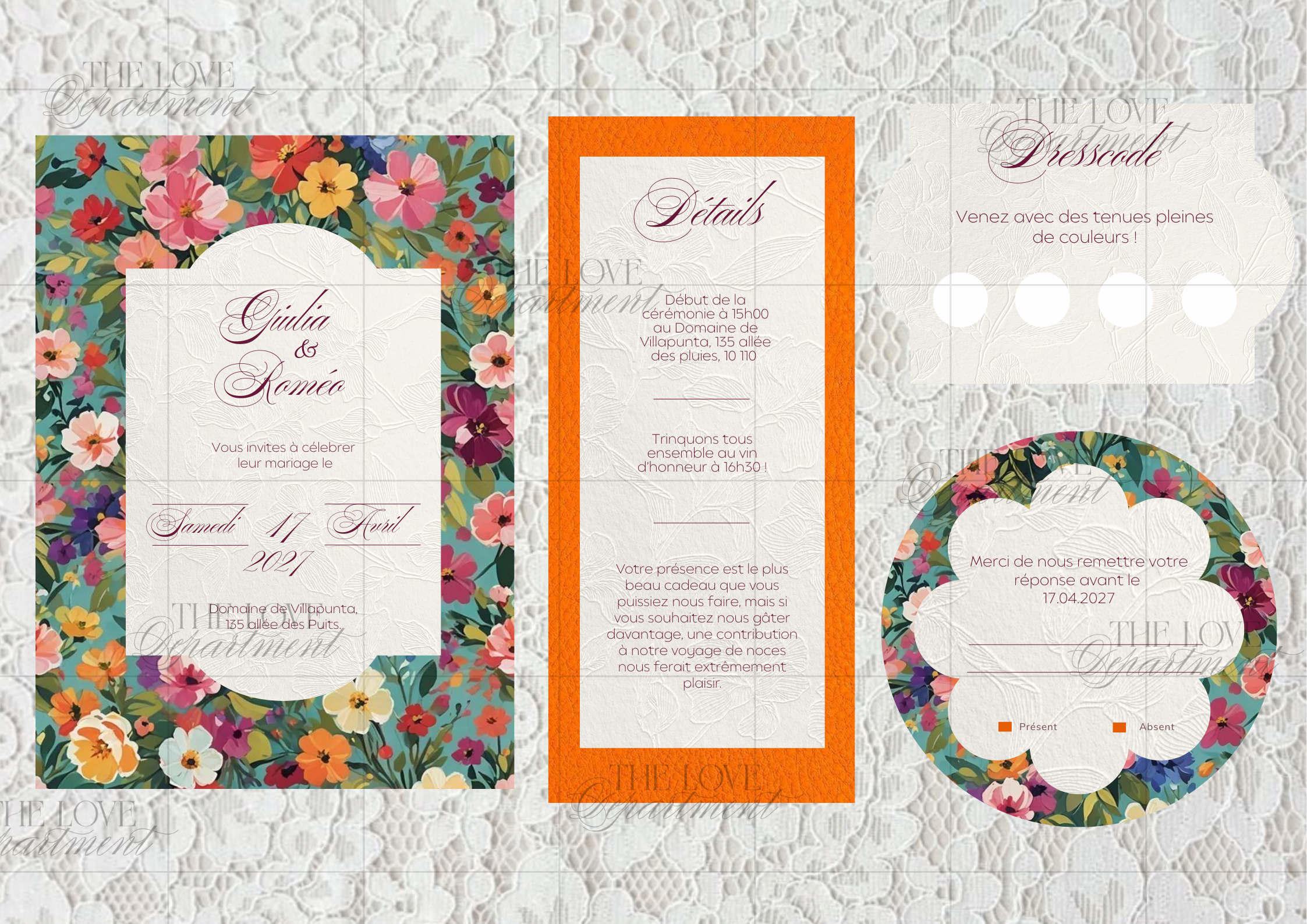 Kit complet faire-part mariage vintage – carton + 3 cartes annexes personnalisables