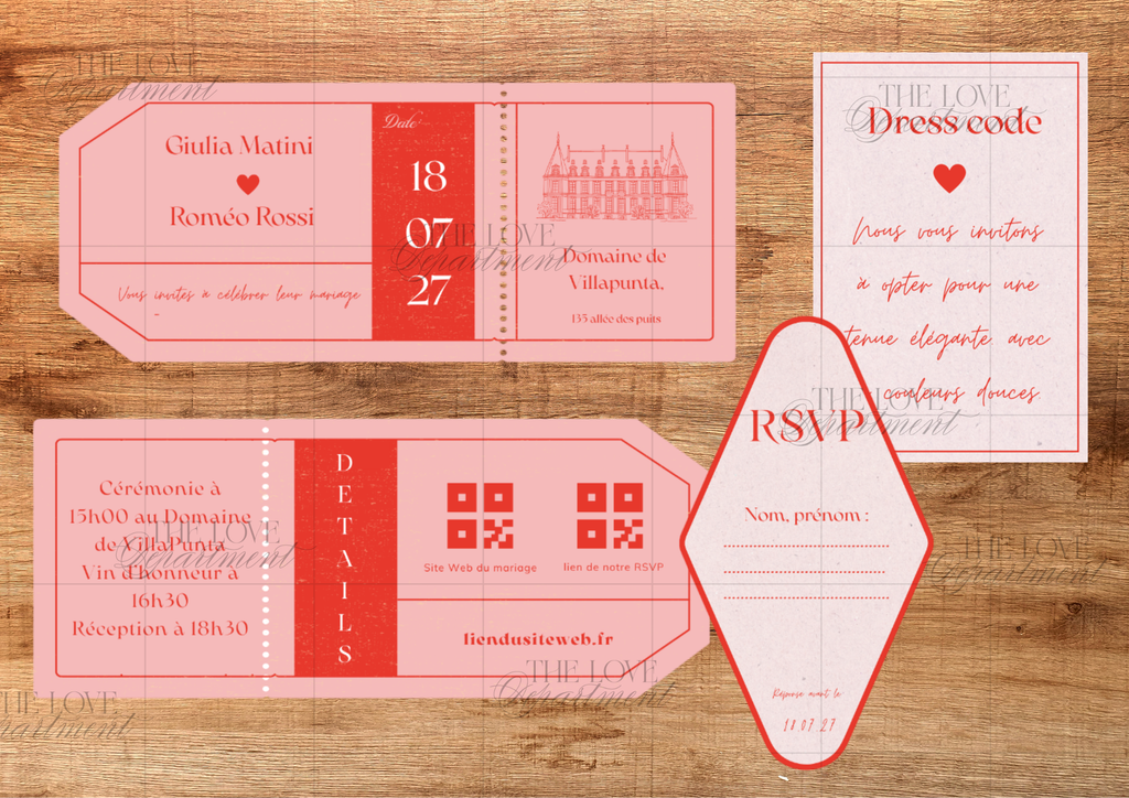 Kit complet faire-part mariage billet d'avion – carton + 3 cartes annexes personnalisables