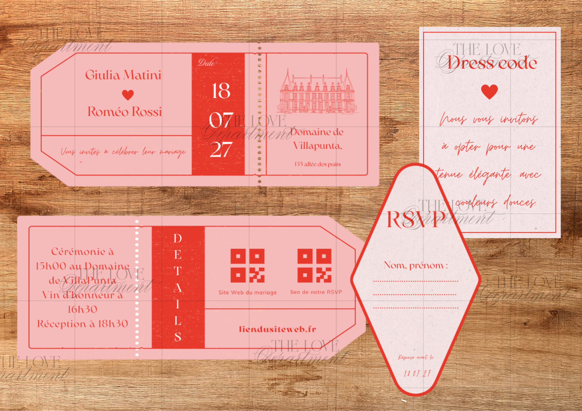 Kit complet faire-part mariage billet d'avion – carton + 3 cartes annexes personnalisables