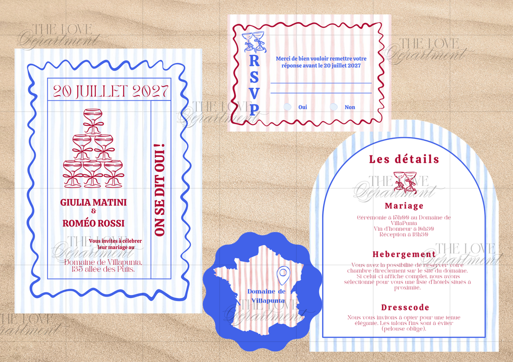 Kit complet faire-part mariage toast – carton + 3 cartes annexes personnalisables