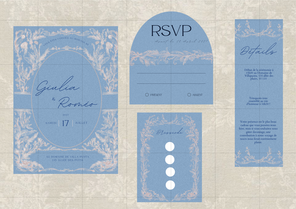 Faire-part mariage Bleu élégant – kit complet papeterie digitale
